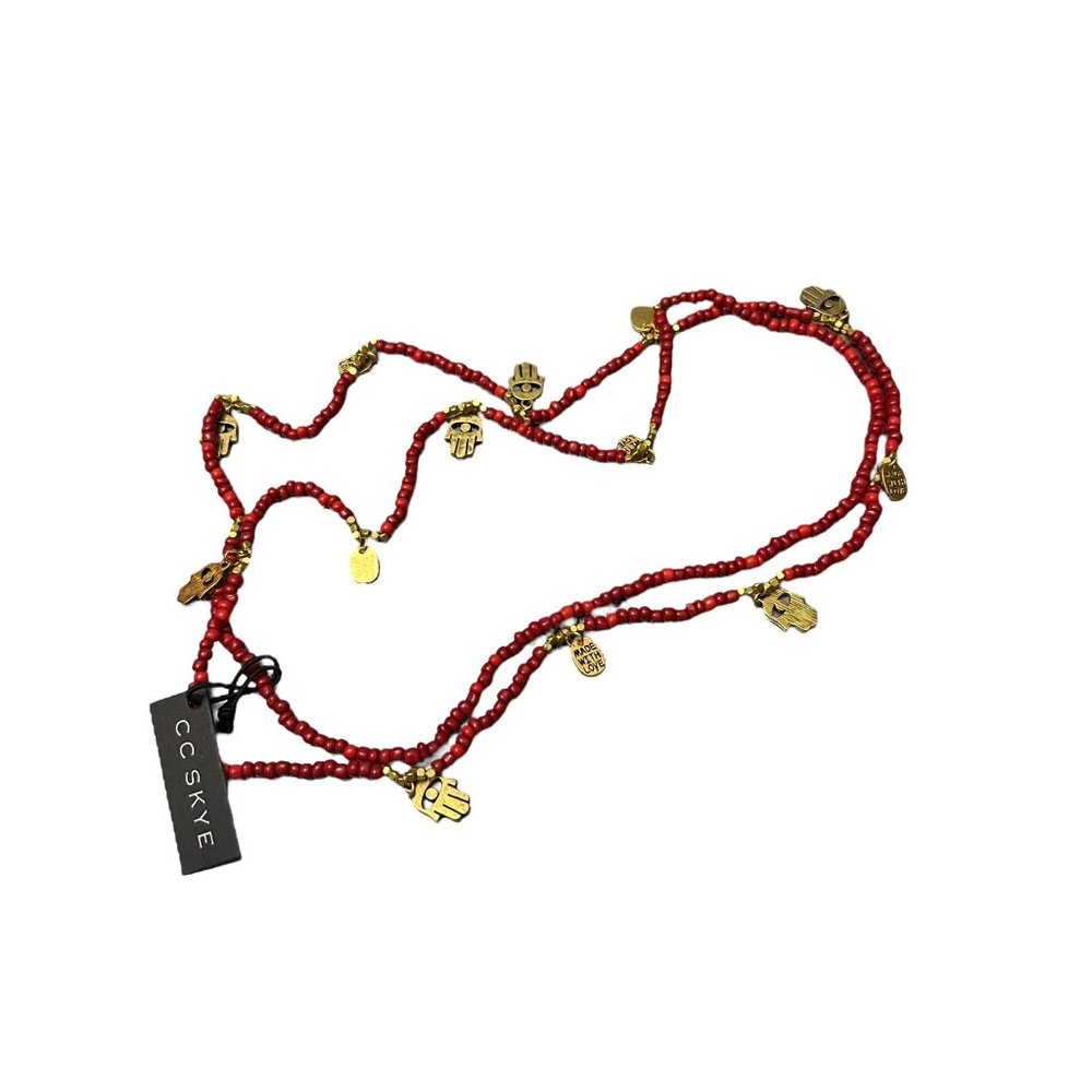 CC Skye Coral Bead Bali Necklace Brass Charms Hamsa Evil Eye 48" NWT